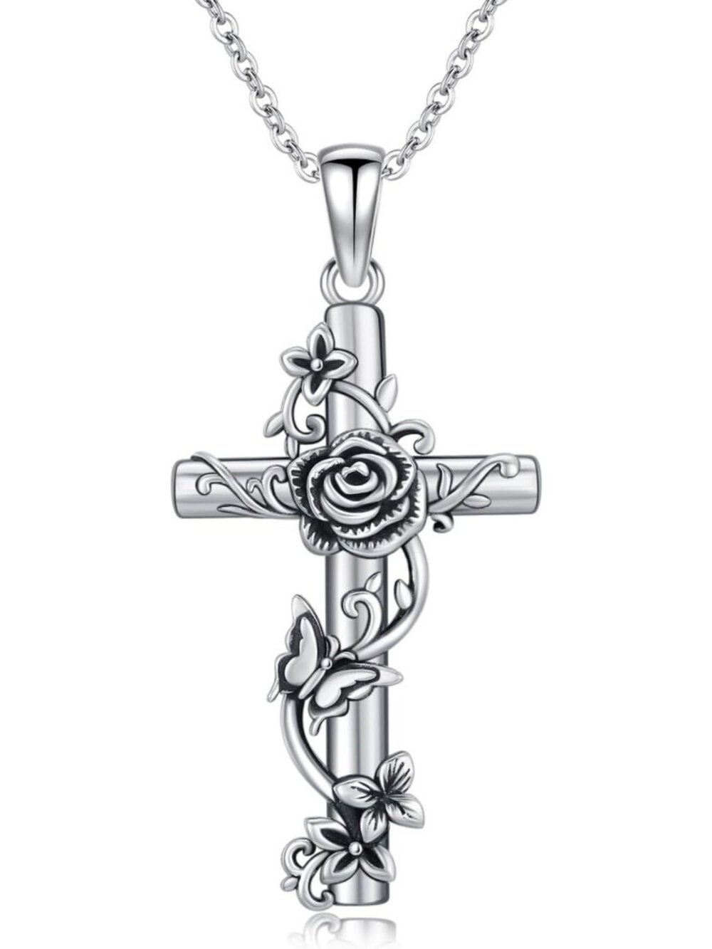 Dainty Vintage Rose Cross Pendant Necklace - Engraved Flower Butterfly Jewelry